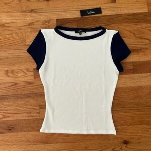 Jessie Baseball White and Navy Ribbed Knit Crew Neck Baby Tee